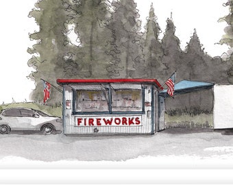FIREWORKS FOR SALE - 4th of July Roadside Stand Plein Air Watercolor Painting, Sketchbook Art, United States of America, Drawn There