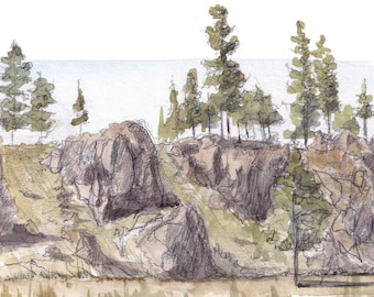 GILA NATIONAL FOREST - Ponderosa Pine, Rock Outcrop, Plein Air Landscape Watercolor Painting, Nature Art Wall Print, New Mexico, Drawn There
