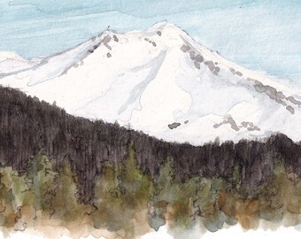MOUNT SHASTA - Ink and Watercolor, Art Prints, Drawing, Nature, Landscape, Mountains, California, Pen and Ink, Painting, Hiking, John Muir