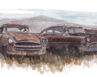 RUSTY VINTAGE CARS - Route 66 in Grants, New Mexico, Classic Car Ink and Watercolor Plein Air Painting, Drawn There