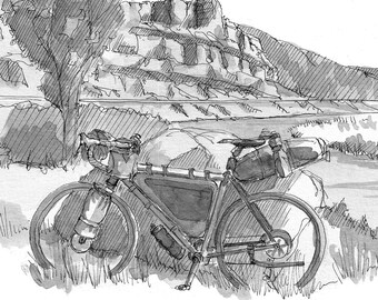 BIKEPACKING BIKE - Colorado Pen and Ink Drawing, Cycling, Camping, Gear, Niner, Drawing, Watercolor Painting, Art, Print, Drawn There
