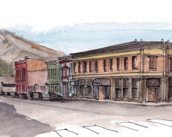 SILVERTON COLORADO - Rocky Mountain Million Dollar Highway Ink and Watercolor Plein Air Painting, Colorado Wall Art Print, Drawn There