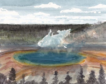 YELLOWSTONE GRAND PRISMATIC - Geothermal Plein Air Watercolor Painting Art, National Park Road Trip Art, Wyoming Sketchbook, Drawn There