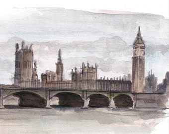 RIVER THAMES LONDON - Big Ben, Palace of Westminster, House of Parliament, Watercolor Painting, Travel Wall Art Print, Drawn There