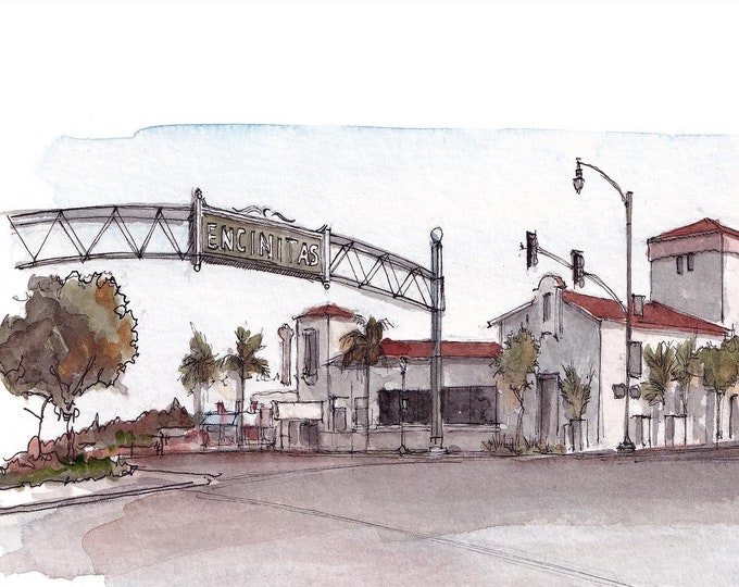 ENCINITAS CALIFORNIA SIGN - Highway 101, Southern California Roadtrip, Beach Town, Ink and Watercolor Painting, Art Print, Drawn There