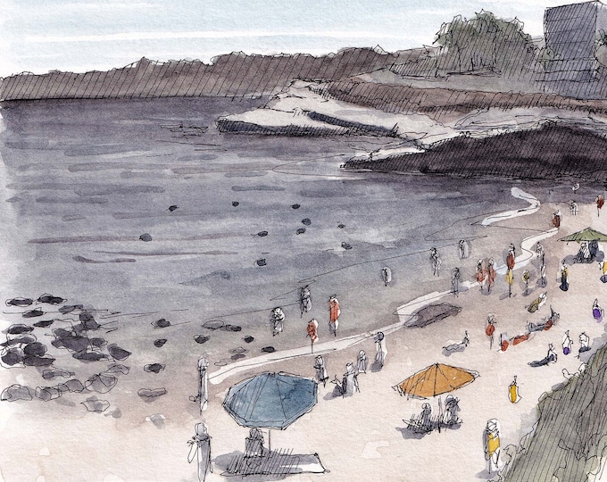 LA JOLLA COVE - Beach, Ocean, Cliffs, San Diego, Plein Air Watercolor Painting, Snorkeling, Sketchbook Art, Print, Drawn There