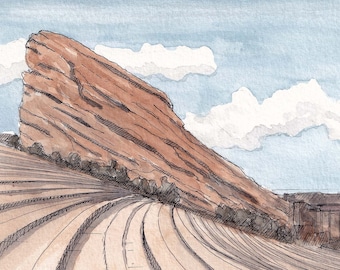 RED ROCKS AMPHITHEATER - Denver, Colorado, Concert Venue, Outdoor Concert, Ink and Watercolor Painting Drawing, Denver Art, Drawn There