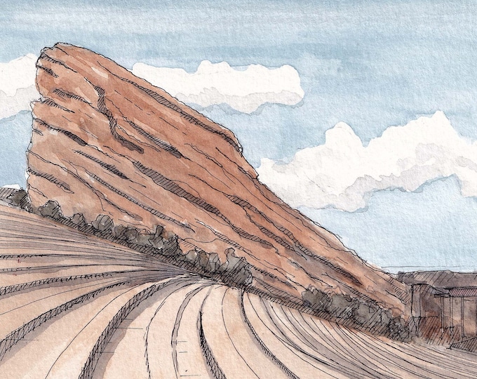 RED ROCKS AMPHITHEATER - Denver, Colorado, Concert Venue, Outdoor Concert, Ink and Watercolor Painting Drawing, Denver Art, Drawn There