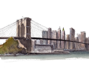 BROOKLYN BRIDGE SKYLINE - New York City, nyc, East River, Ink and Watercolor Painting, Drawing, Art Print, Drawn There