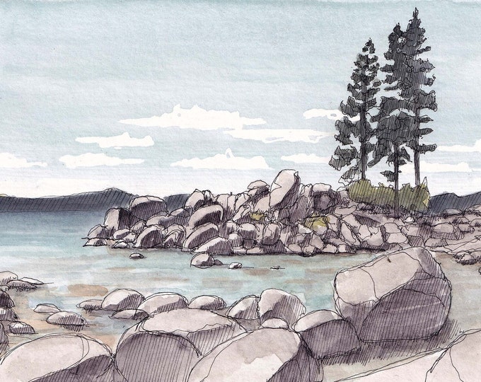 LAKE TAHOE PAINTING - Sand Harbor Rocks, Water, Trees, Ink and Watercolor Painting, Drawing, Nature, Keep Tahoe Blue, Art Print, Drawn There