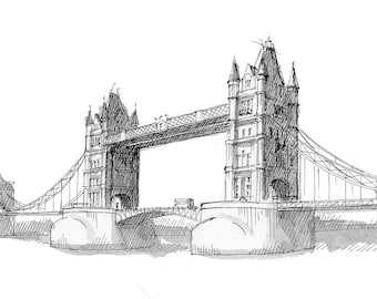 TOWER BRIDGE LONDON - England, uk, Pen and Ink Travel Art Print, Drawing, Wall Art, Drawn There