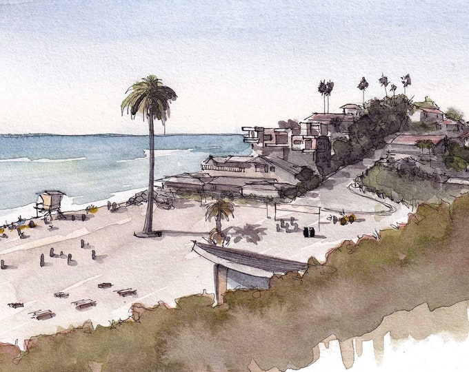 ENCINITAS MOONLIGHT BEACH - Southern California, Plein Air Ink and Watercolor Painting, Art Print, Drawn There