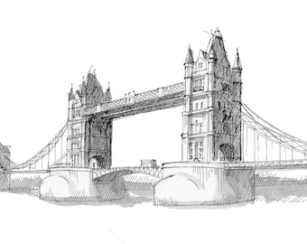 TOWER BRIDGE LONDON - England, uk, Pen and Ink Travel Art Print, Drawing, Wall Art, Drawn There