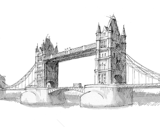 TOWER BRIDGE LONDON - England, uk, Pen and Ink Travel Art Print, Drawing, Wall Art, Drawn There