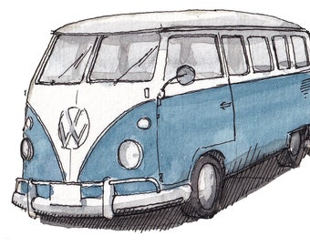 VINTAGE BUS - Blauer Camper Van, Vanlife, Klassisch, Auto, Plein Air Aquarell Malerei, Zeichnung, Kunstdruck, Gezeichnet Dort