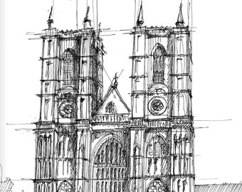 WESTMINSTER ABBEY LONDON - Enlgand, uk, Pen and Ink Drawing Art Print, Black and White Line Drawing Travel Wall Art, Church, Drawn There