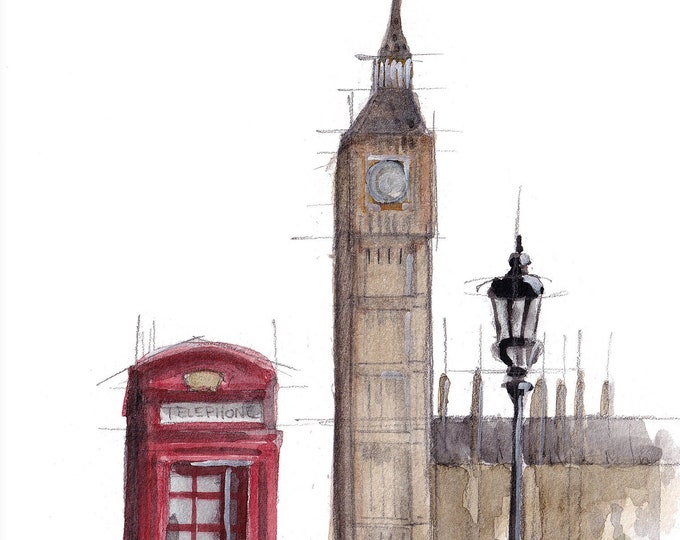 BIG BEN and British Phone Box - UK London Plein Air Ink and Watercolor Painting, Phone Booth, Travel Art Sketchbook, Art Print, Drawn There