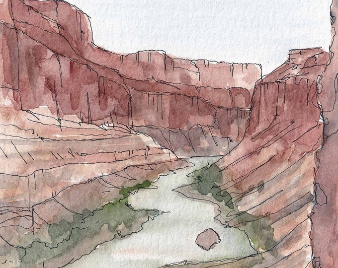GRAND CANYON - Colorado River, Landscape Watercolor Painting Drawing, Rafting, Hiking, National Park Arizona, Red Rocks Nature, Drawn There