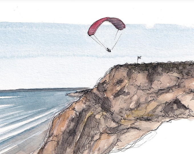 TORREY PINES PARAGLIDER- San Diego, La Jolla Gliderport, Hiking Blacks Beach, Nude Beach, Watercolor Painting Wall Art Print, Drawn There