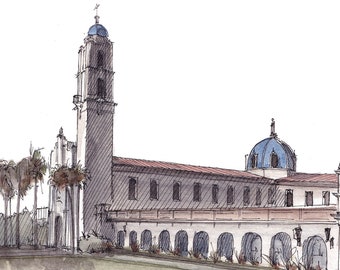UNIVERSITY of SAN DIEGO - Architecture, California, Spanish Renaissance Tower, College Campus, Watercolor Painting, Drawn There