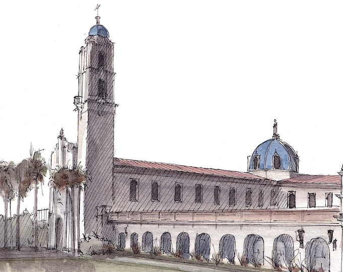 UNIVERSITY of SAN DIEGO - Architecture, California, Spanish Renaissance Tower, College Campus, Watercolor Painting, Drawn There