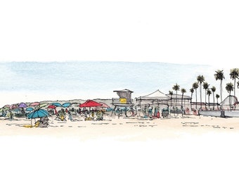 MISSION BEACH - San Diego, California, Ocean, Boardwalk, Palm Trees, Drawing, Watercolor Painting, Landscape, Sketchbook, Art, Drawn There