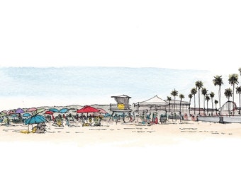 MISSION BEACH - San Diego, California, Ocean, Boardwalk, Palm Trees, Drawing, Watercolor Painting, Landscape, Sketchbook, Art, Drawn There