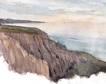 TORREY PINES SUNSET- California Hiking Trails, San Diego, La Jolla, Ocean, Watercolor Landscape Painting Art, Wall Art Print, Drawn There