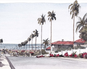 ENCINITAS D STREET - Ink and Watercolor Painting of Oceanview, Plein Air Landscape Painting, Beach House Wall Art, Drawn There