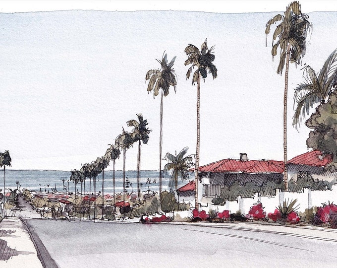 ENCINITAS D STREET - Ink and Watercolor Painting of Oceanview, Plein Air Landscape Painting, Beach House Wall Art, Drawn There