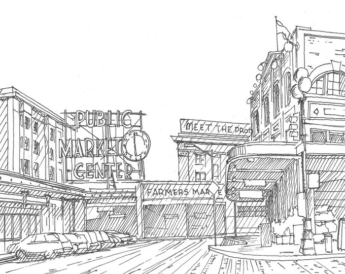 PIKE PLACE MARKET - Seattle, Washington, Drawing, Pen and Ink, Architecture, Sketchbook, Art Print, Drawn There