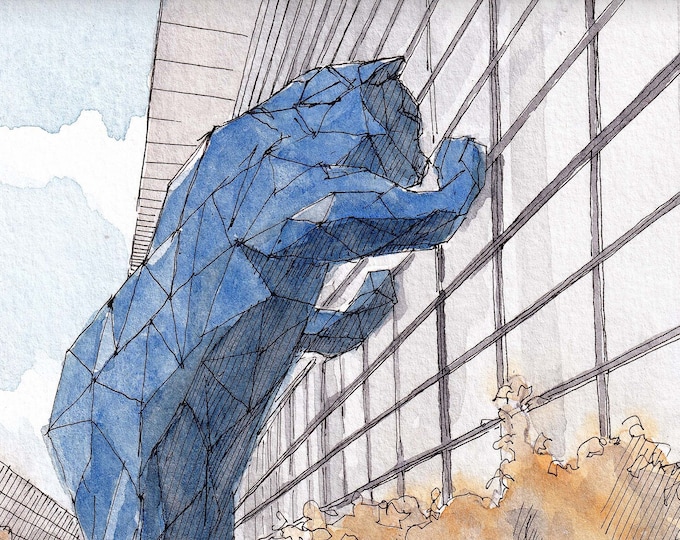 BLUE BEAR DENVER - Convention Center Public Art Sculpture, Colorado, Ink and Watercolor Painting, Drawing, Denver Art Print, Drawn There