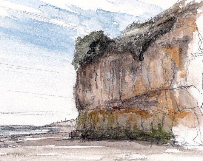 ENCINITAS SWAMIS BEACH - Plein air watercolor painting of the beach and cliff face at Swamis in Encinitas, California