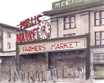 PIKE PLACE MARKET - Seattle, Washington, Urbansketcher, Plein Air, Watercolor Painting, Drawing, Sketchbook, Art, Drawn There