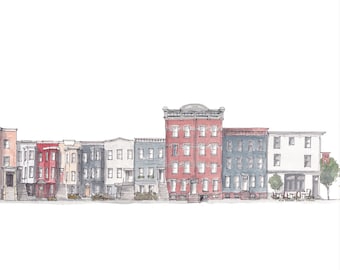 PHILADELPHIA CITY BLOCK - Rowhouse, Row Homes, Brick Architecture, Neighborhood, City Living, Watercolor Painting, Watercolor, Drawn There