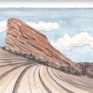 RED ROCKS AMPHITHEATER - Denver, Colorado, Concert Venue, Outdoor Concert, Ink and Watercolor Painting Drawing, Denver Art, Drawn There