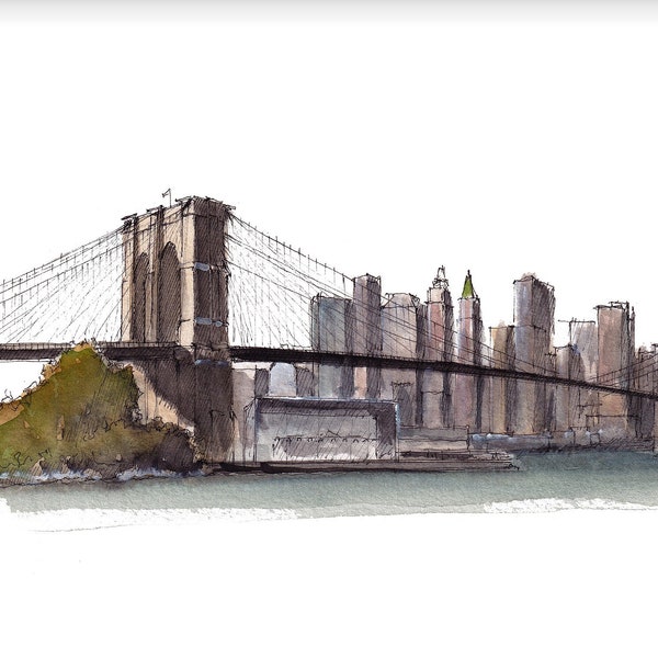 BROOKLYN BRIDGE SKYLINE - New York City, nyc, East River, Ink and Watercolor Painting, Drawing, Art Print, Drawn There