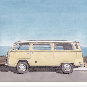 YELLOW VAN BUS - Blue Sky, Vintage Classic Vanlife, Plein Air Watercolor Painting, Drawing, Sketchbook, Art Print, Drawn There