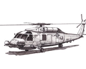 MH-60 Romeo Seahawk Helicopter – Fine Art Print | Naval Aviation Illustration | Military Aircraft Wall Art