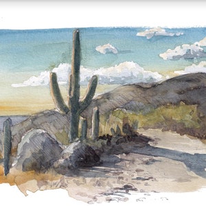 SUNSET WATERCOLOR CACTUS - Plein Air Watercolor Painting of Sunset Above Tucson, Arizona, Southwest Watercolor Landscape Painting Art Print