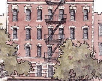 NEW YORK APARTMENT- Brooklyn Apartment Building Watercolor Painting Art, New York City Art, Urbansketchers