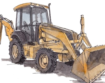 EXCAVATOR CONSTRUCTION BACKHOE - Heavy Equipment Watercolor Painting, Excavation Art, Yellow Backhoe Tractor Art, Wall Art Print