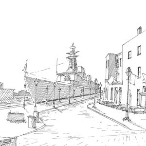 Ink Drawing of Navy Ship Docked in Fells Point, Baltimore – Fleet Week Sketch Featuring Historic Waterfront & Architecture
