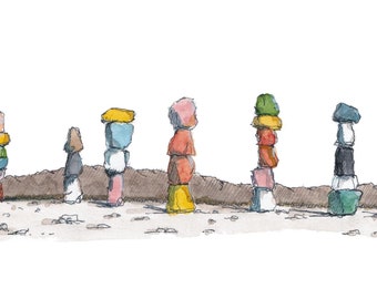 SEVEN MAGIC MOUNTAINS - Land Art, I-15, Las Vegas Nevada Watercolor Art Painting