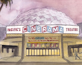 CINERAMA THEATER HOLLYWOOD - Classic Movie Theater Los Angeles California Watercolor Painting Art Print, Classic Hollywood Movie Art