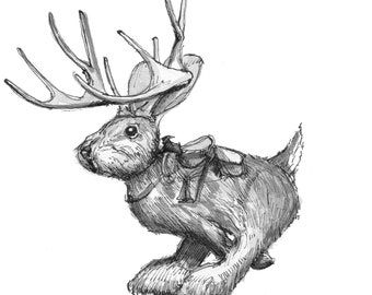 BLACK ROCK CITY 2024 - Tall Tales Jackalope Art Installation, Ink and Watercolor Plein Air Painting, Art Print, Drawn There