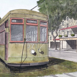 NEW ORLEANS TROLLEY - Bonde aquarela tinta e aquarela pintura arte impressão