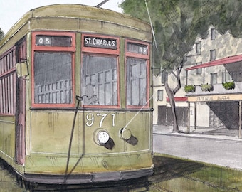 NEW ORLEANS TROLLEY - Streetcar Watercolor Ink and Watercolor Painting Art Print