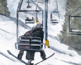 SNOWBOARDING COUPLE CHAIRLIFT - Ski and Snowboard Watercolor Art, Couple Goals, Winter Art, Ski Slope Art
