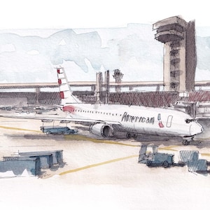 DFW American Airlines Watercolor Print – Dallas Airport Travel Art
